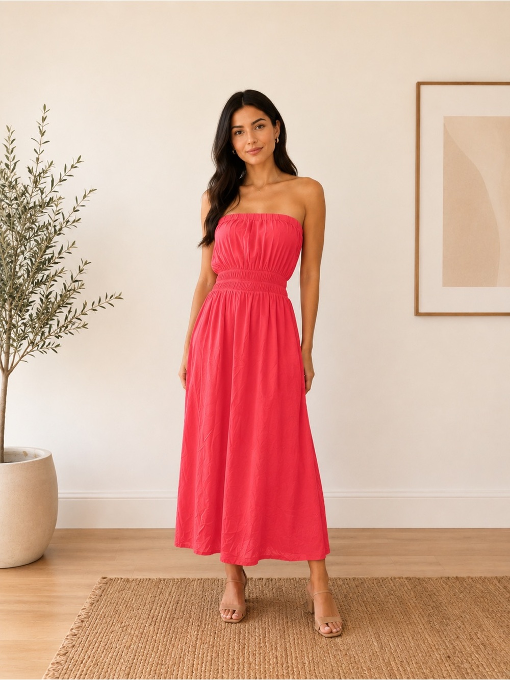 DNA Couture Women’s Strapless Coral Maxi Dress Size L Stretch Waist